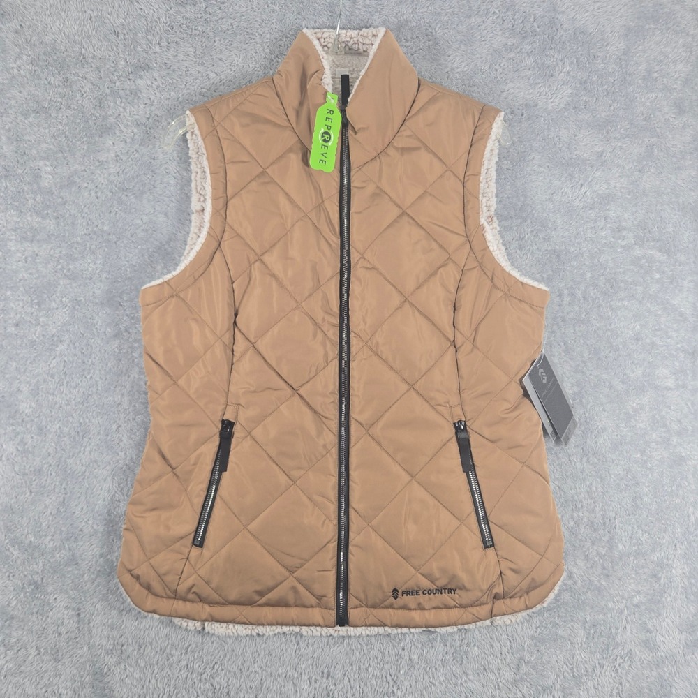 Free Country Womens Reversible Quilted Puffer Vest Camel Sherpa Lined Medium New